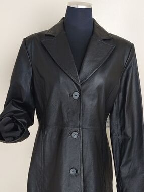 Worthington NWT Genuine Leather Black Longline Button Coat Womens Large